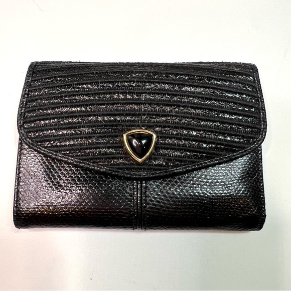 Vintage Judith Leiber Tri-fold Black Leather Wallet Credit Card Holder - Picture 1 of 14